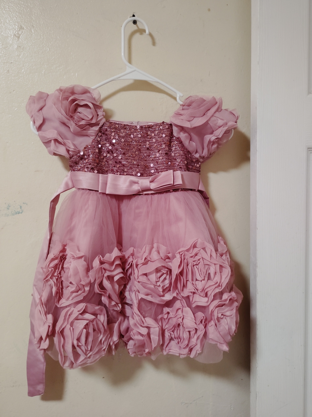 Toddler Pink Rose-Applique Sequin Party Dress
